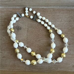 Vintage White, Iridescent, and Gold Beaded Necklace